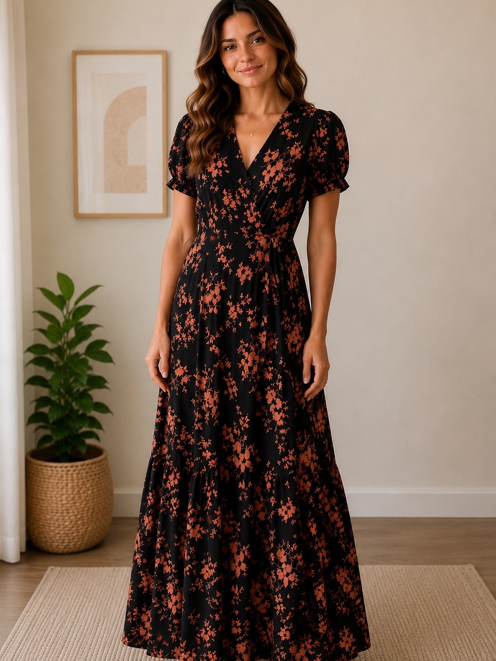 a new day Black Midi Dress with Floral Print